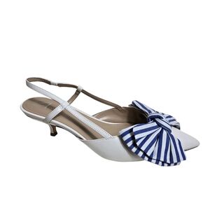 Ann Taylor White Slingback Kitten Heels with Blue Striped Bow